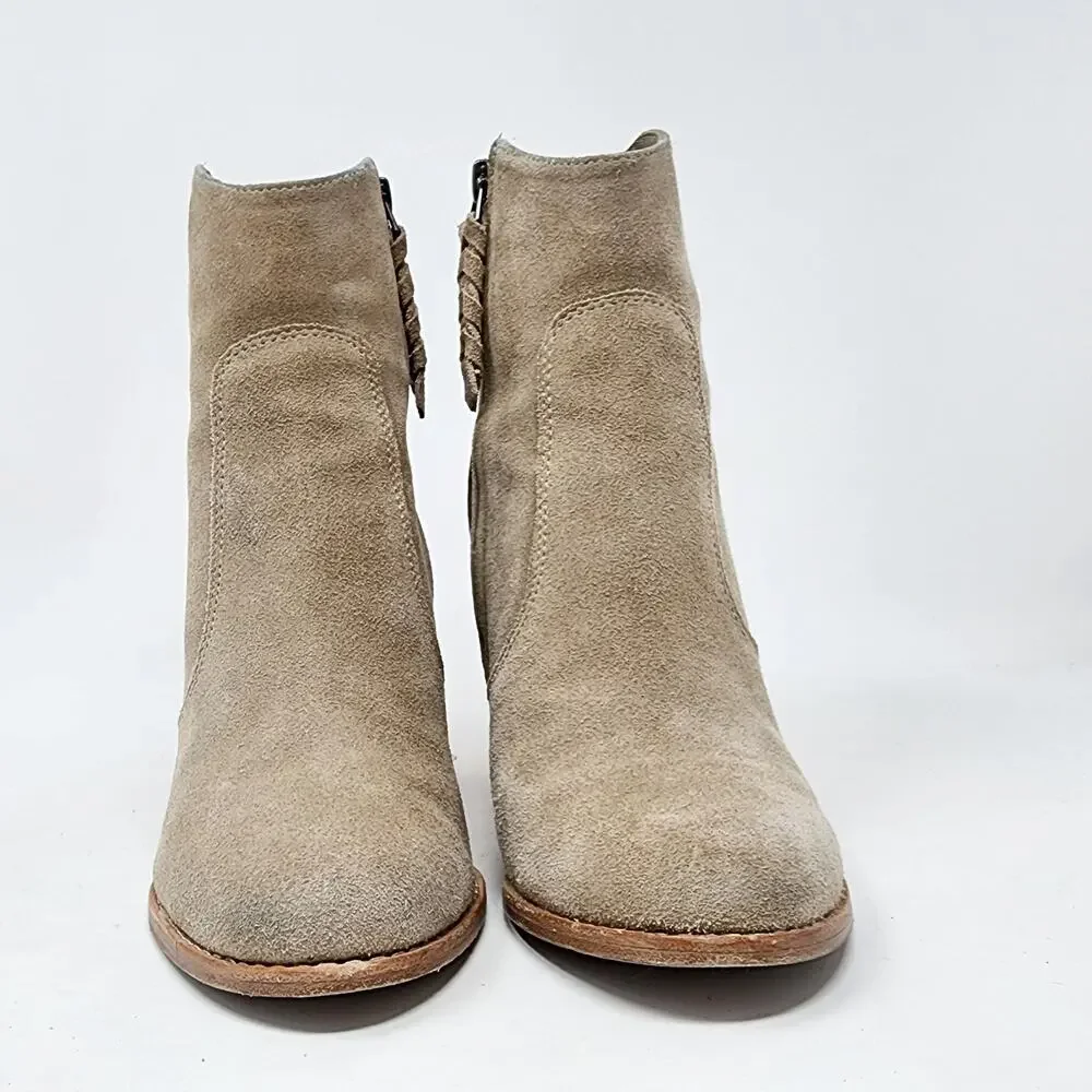 JOIE Dalton Heeled Booties Women EU37.5/US7 Tan Suede Stacked Heel Braid Zip